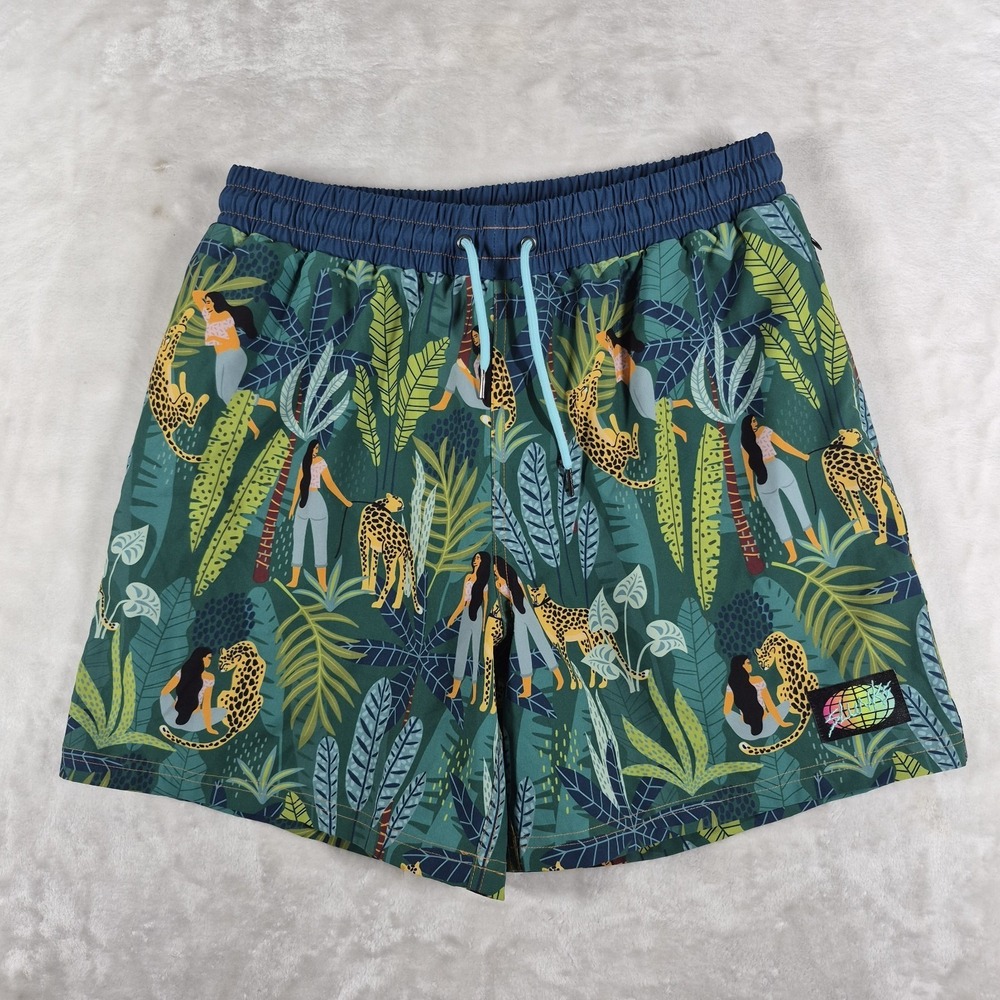 Slunks Shorts Men's Large Green Lined Cheetah Jungle Beach Volleyball Active
